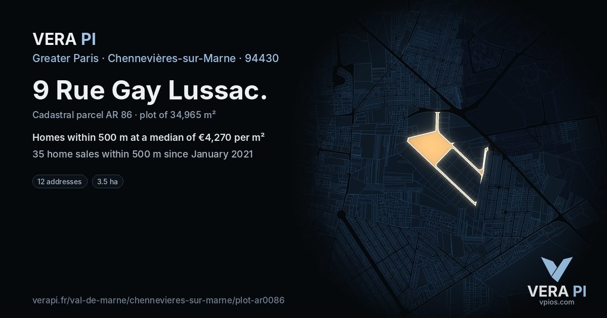 9 Rue Gay Lussac, Chennevières-sur-Marne at night – the plot lit, the parcels around coloured by the prices near them