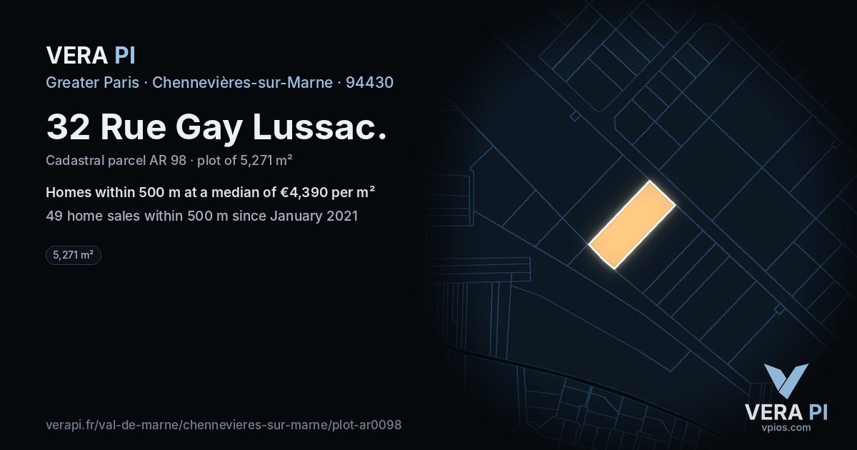 32 Rue Gay Lussac, Chennevières-sur-Marne at night – the plot lit, the parcels around coloured by the prices near them