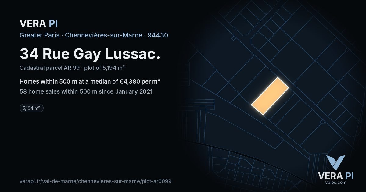 34 Rue Gay Lussac, Chennevières-sur-Marne at night – the plot lit, the parcels around coloured by the prices near them