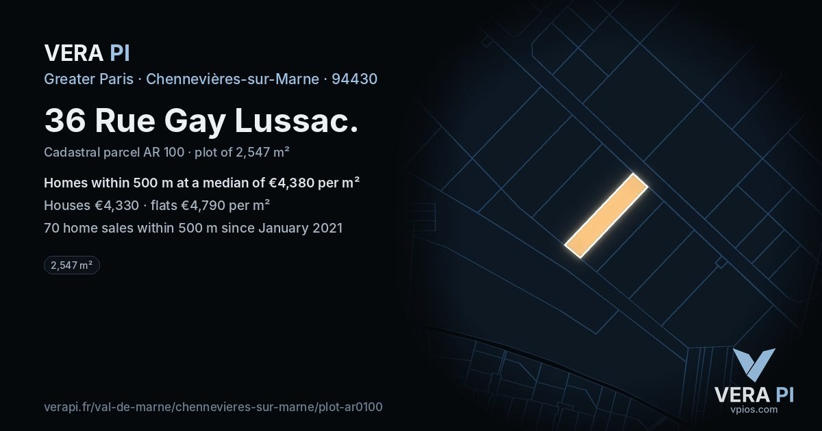 36 Rue Gay Lussac, Chennevières-sur-Marne at night – the plot lit, the parcels around coloured by the prices near them