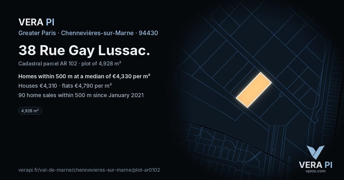 38 Rue Gay Lussac, Chennevières-sur-Marne at night – the plot lit, the parcels around coloured by the prices near them