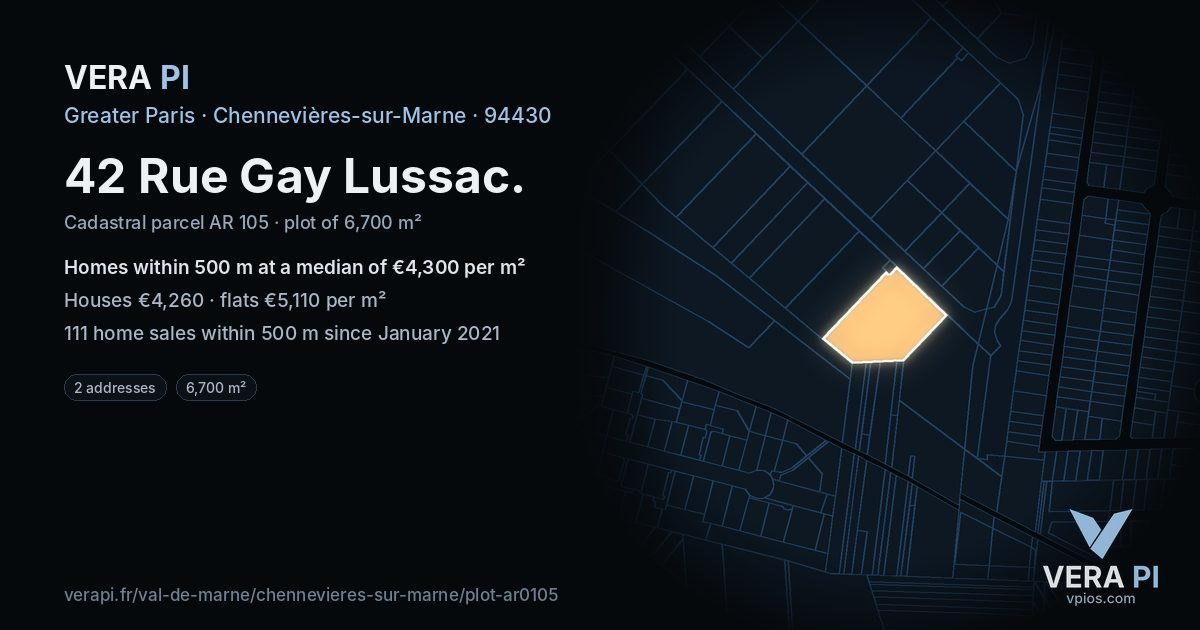 42 Rue Gay Lussac, Chennevières-sur-Marne at night – the plot lit, the parcels around coloured by the prices near them
