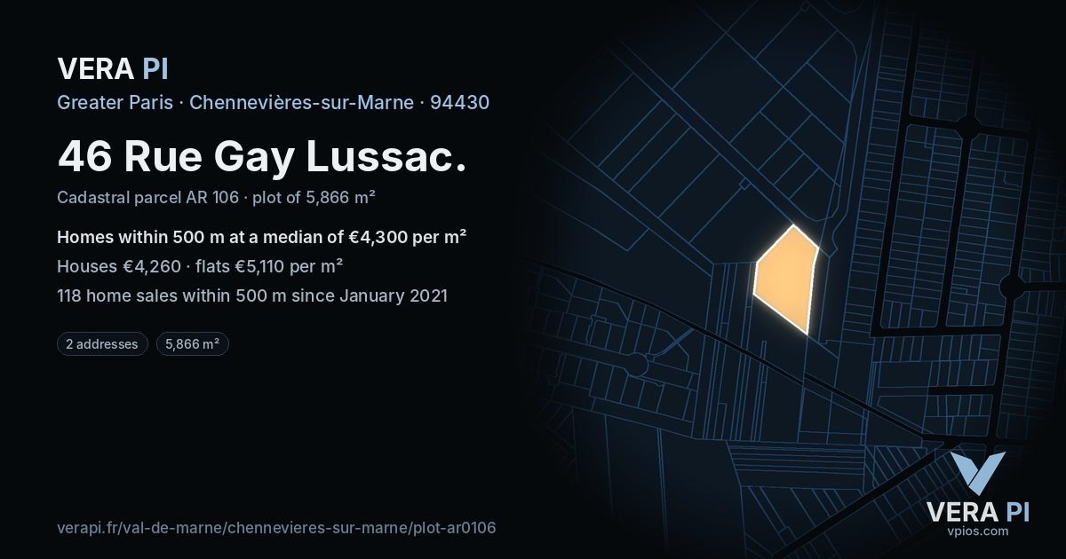 46 Rue Gay Lussac, Chennevières-sur-Marne at night – the plot lit, the parcels around coloured by the prices near them