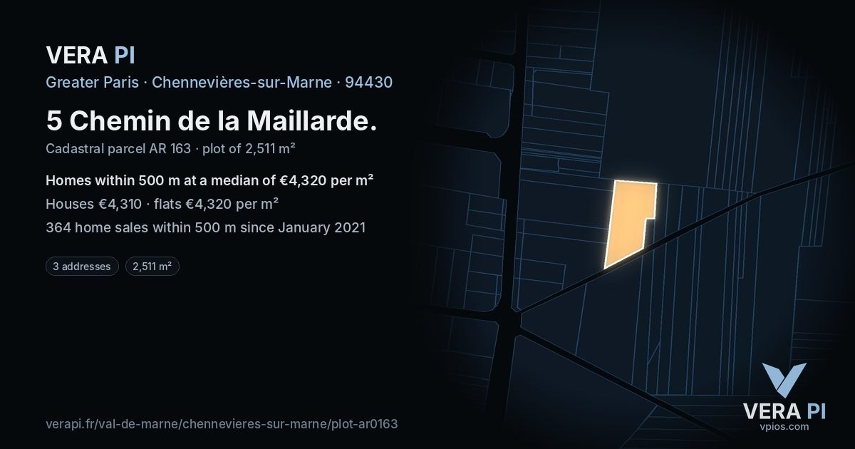 5 Chemin de la Maillarde, Chennevières-sur-Marne at night – the plot lit, the parcels around coloured by the prices near them