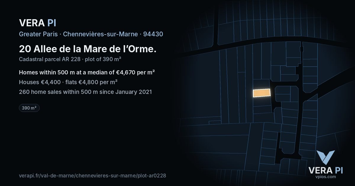 20 Allee de la Mare de l’Orme, Chennevières-sur-Marne at night – the plot lit, the parcels around coloured by the prices near them