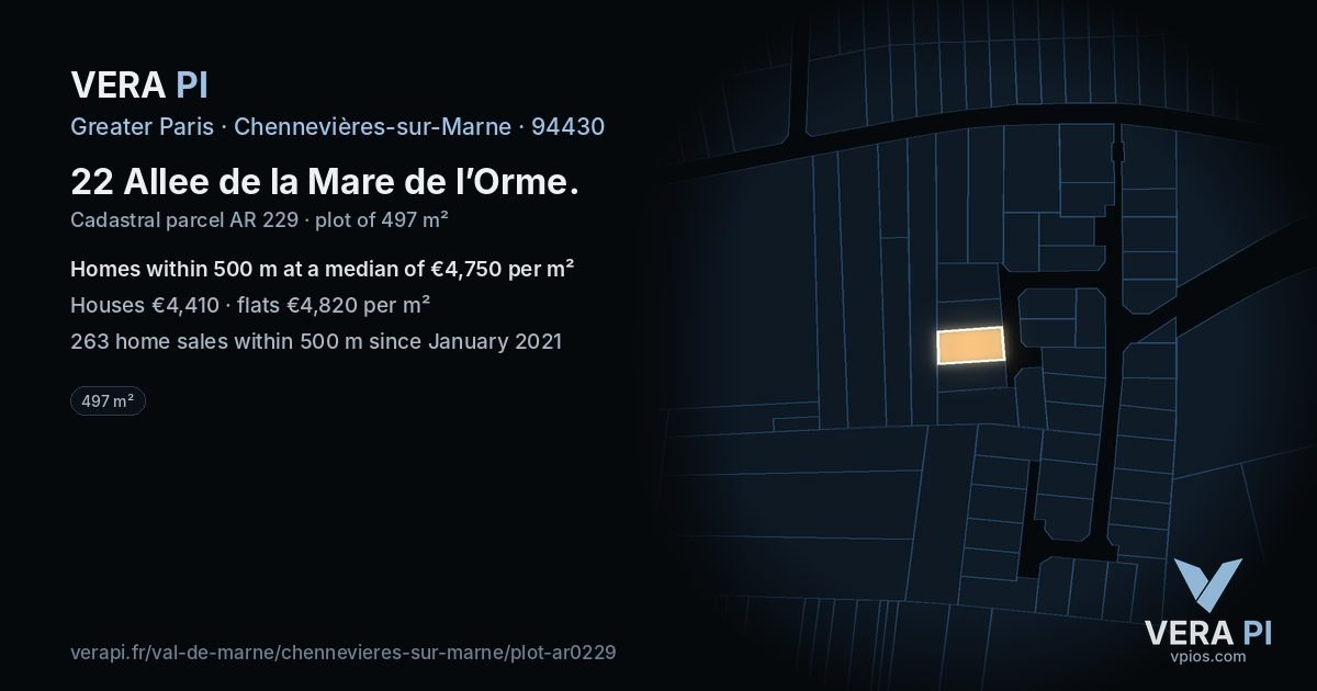 22 Allee de la Mare de l’Orme, Chennevières-sur-Marne at night – the plot lit, the parcels around coloured by the prices near them