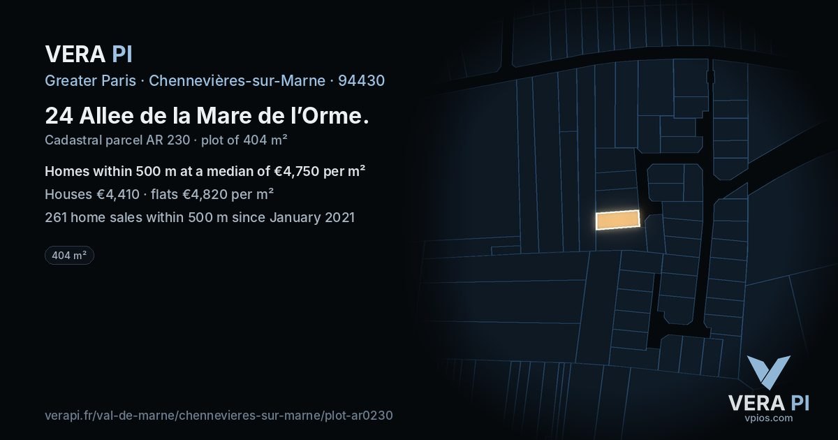 24 Allee de la Mare de l’Orme, Chennevières-sur-Marne at night – the plot lit, the parcels around coloured by the prices near them