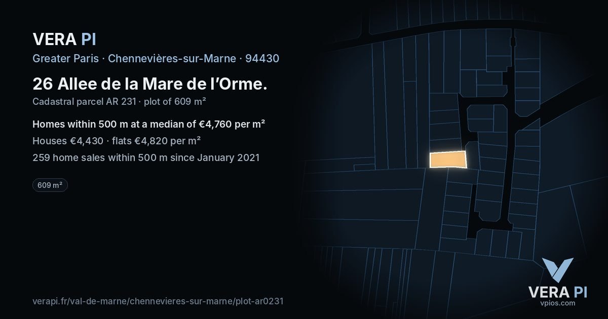 26 Allee de la Mare de l’Orme, Chennevières-sur-Marne at night – the plot lit, the parcels around coloured by the prices near them