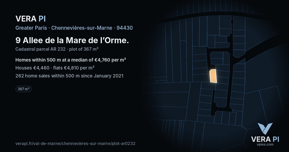 9 Allee de la Mare de l’Orme, Chennevières-sur-Marne at night – the plot lit, the parcels around coloured by the prices near them