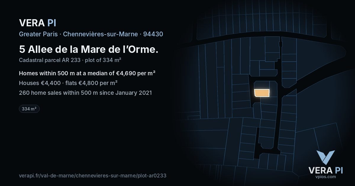 5 Allee de la Mare de l’Orme, Chennevières-sur-Marne at night – the plot lit, the parcels around coloured by the prices near them