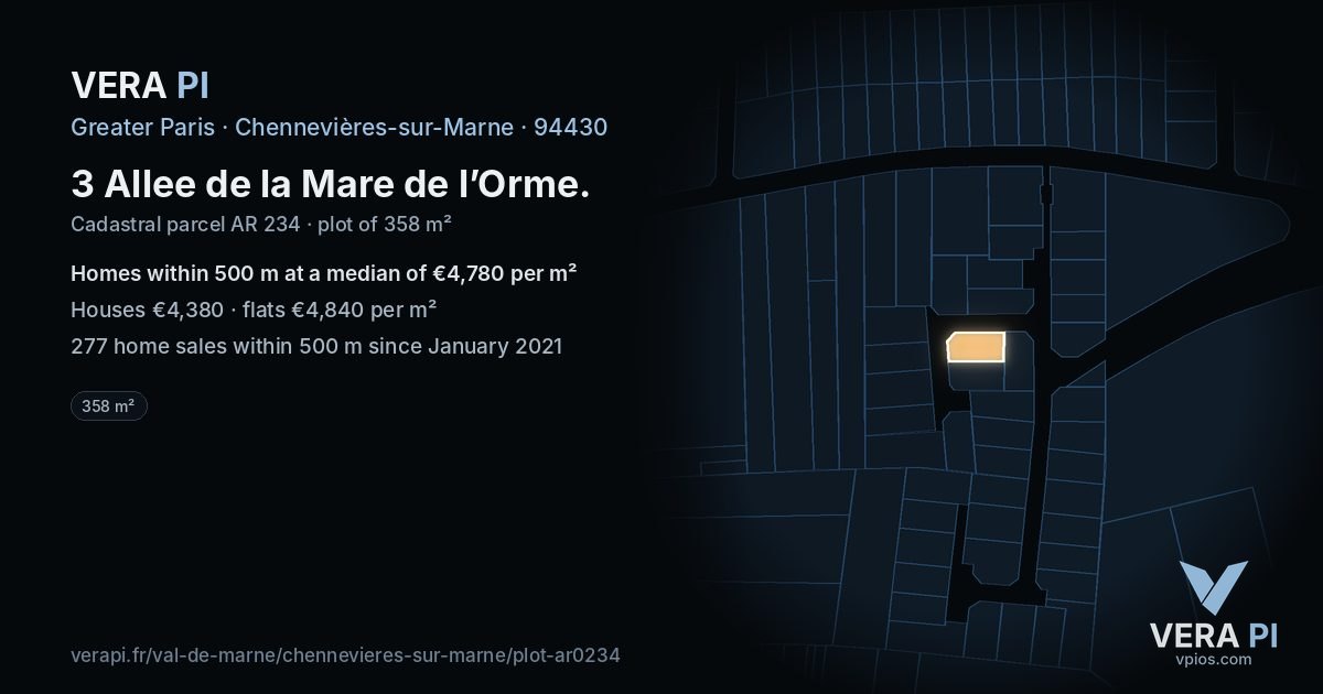 3 Allee de la Mare de l’Orme, Chennevières-sur-Marne at night – the plot lit, the parcels around coloured by the prices near them