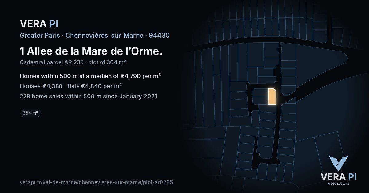 1 Allee de la Mare de l’Orme, Chennevières-sur-Marne at night – the plot lit, the parcels around coloured by the prices near them