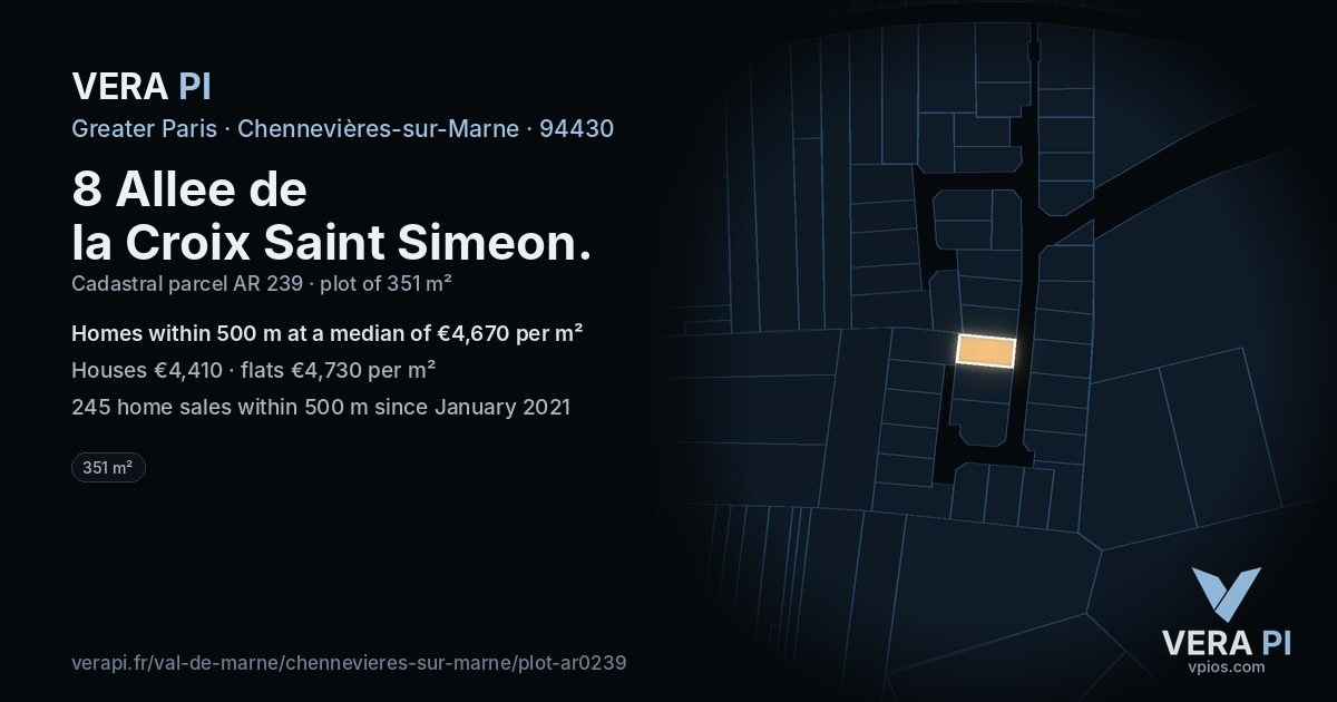 8 Allee de la Croix Saint Simeon, Chennevières-sur-Marne at night – the plot lit, the parcels around coloured by the prices near them