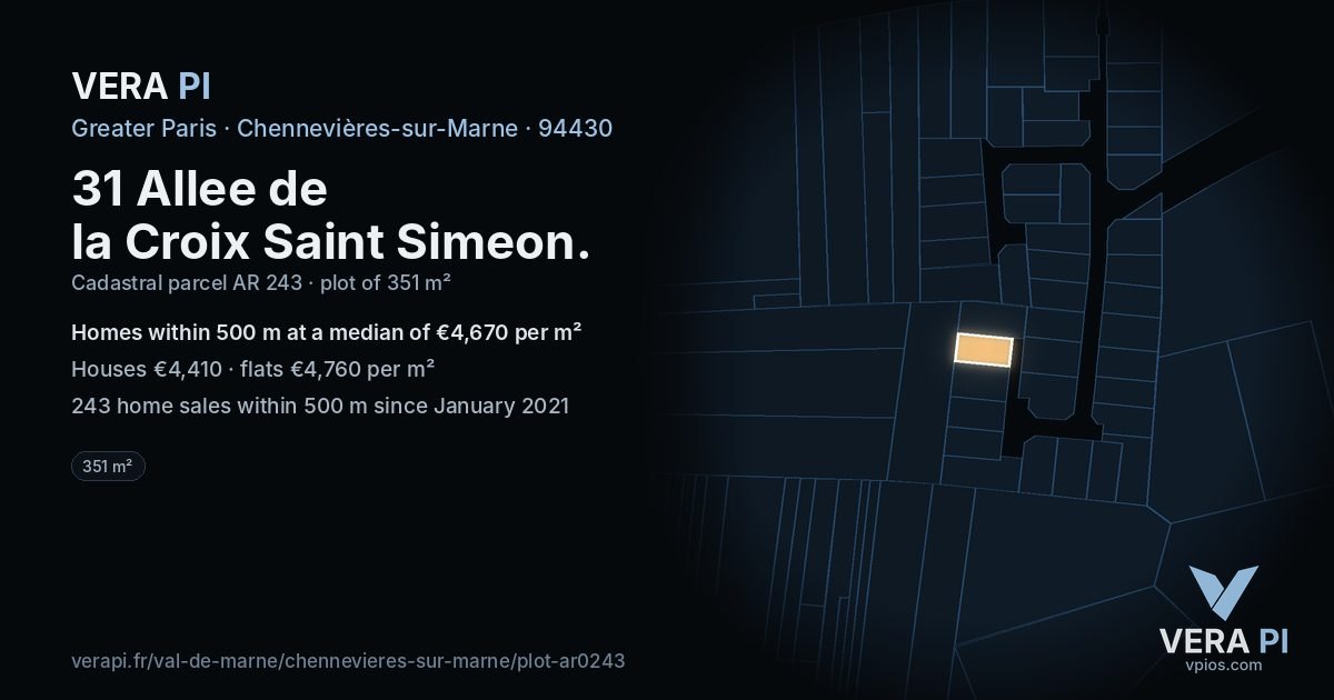 31 Allee de la Croix Saint Simeon, Chennevières-sur-Marne at night – the plot lit, the parcels around coloured by the prices near them