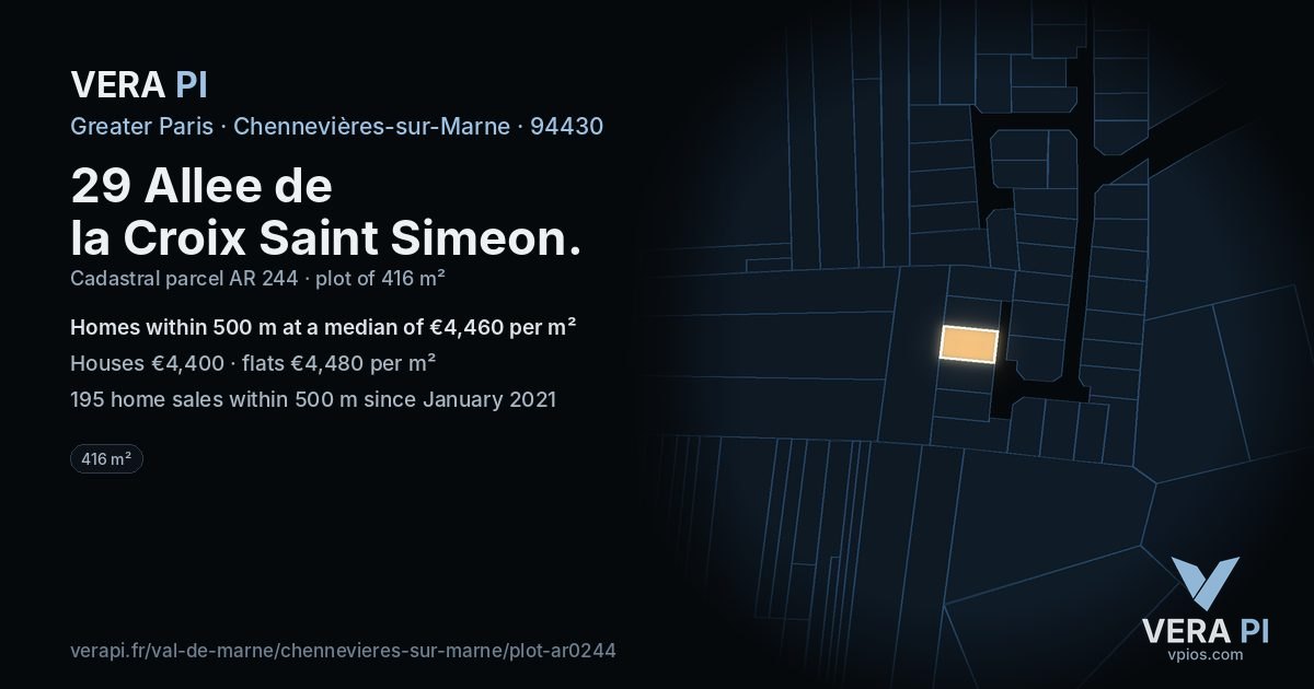 29 Allee de la Croix Saint Simeon, Chennevières-sur-Marne at night – the plot lit, the parcels around coloured by the prices near them