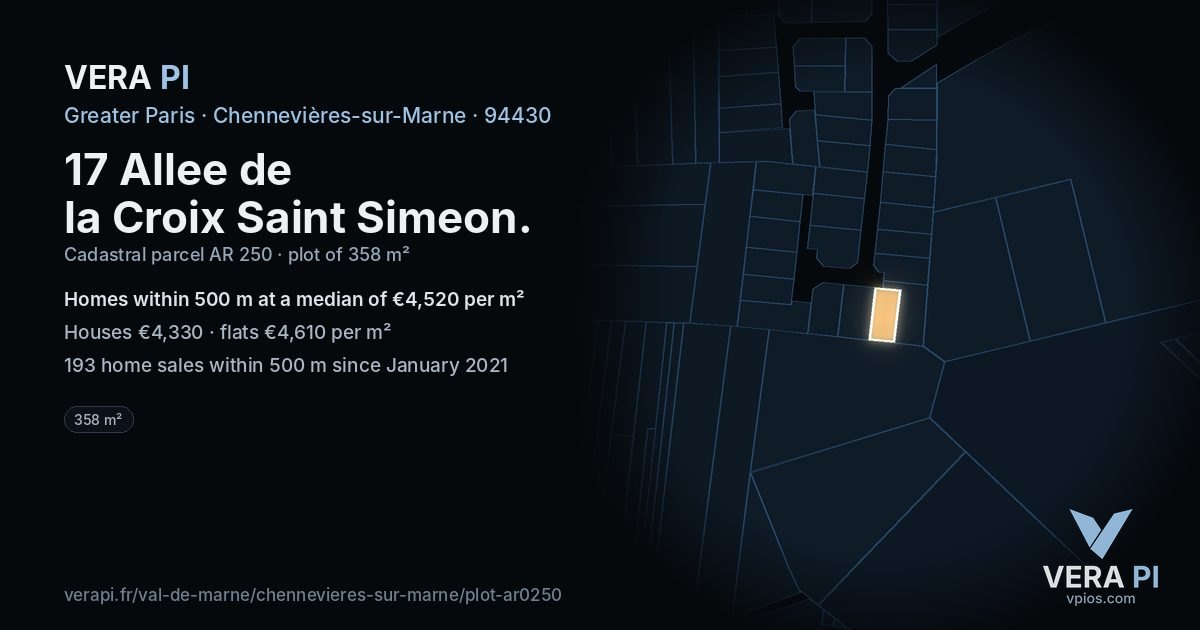 17 Allee de la Croix Saint Simeon, Chennevières-sur-Marne at night – the plot lit, the parcels around coloured by the prices near them