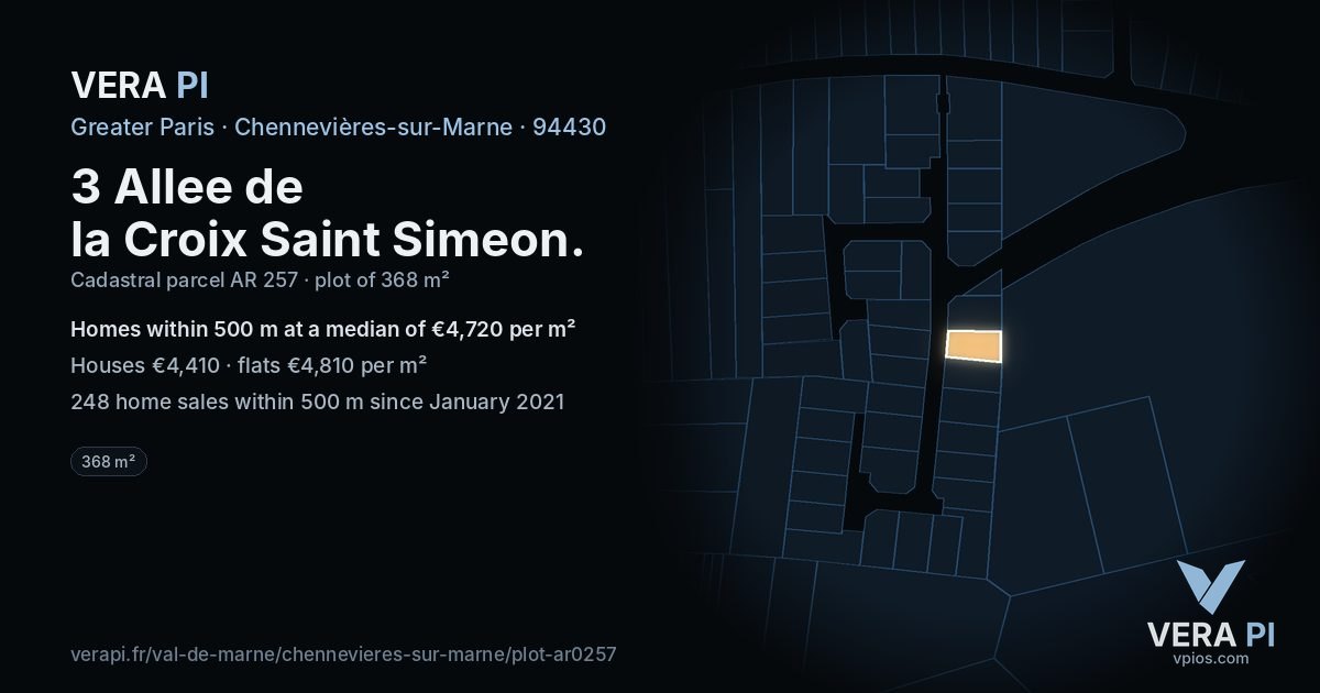 3 Allee de la Croix Saint Simeon, Chennevières-sur-Marne at night – the plot lit, the parcels around coloured by the prices near them
