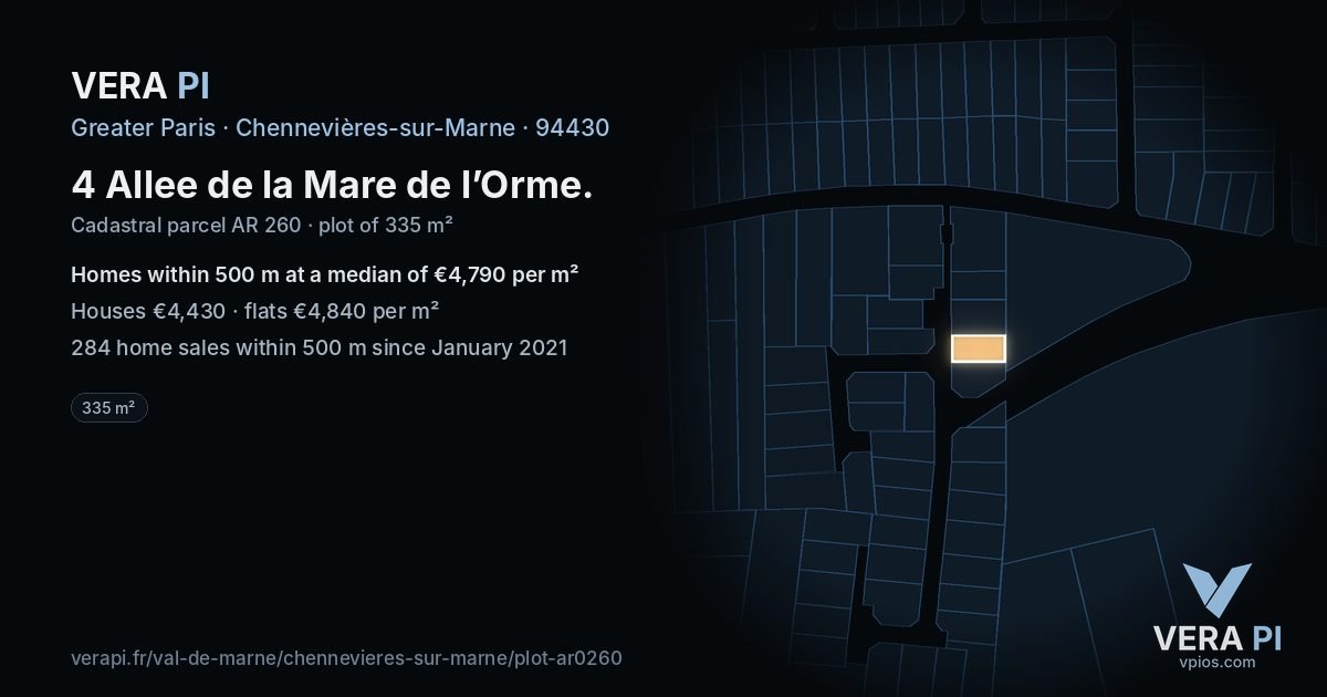 4 Allee de la Mare de l’Orme, Chennevières-sur-Marne at night – the plot lit, the parcels around coloured by the prices near them