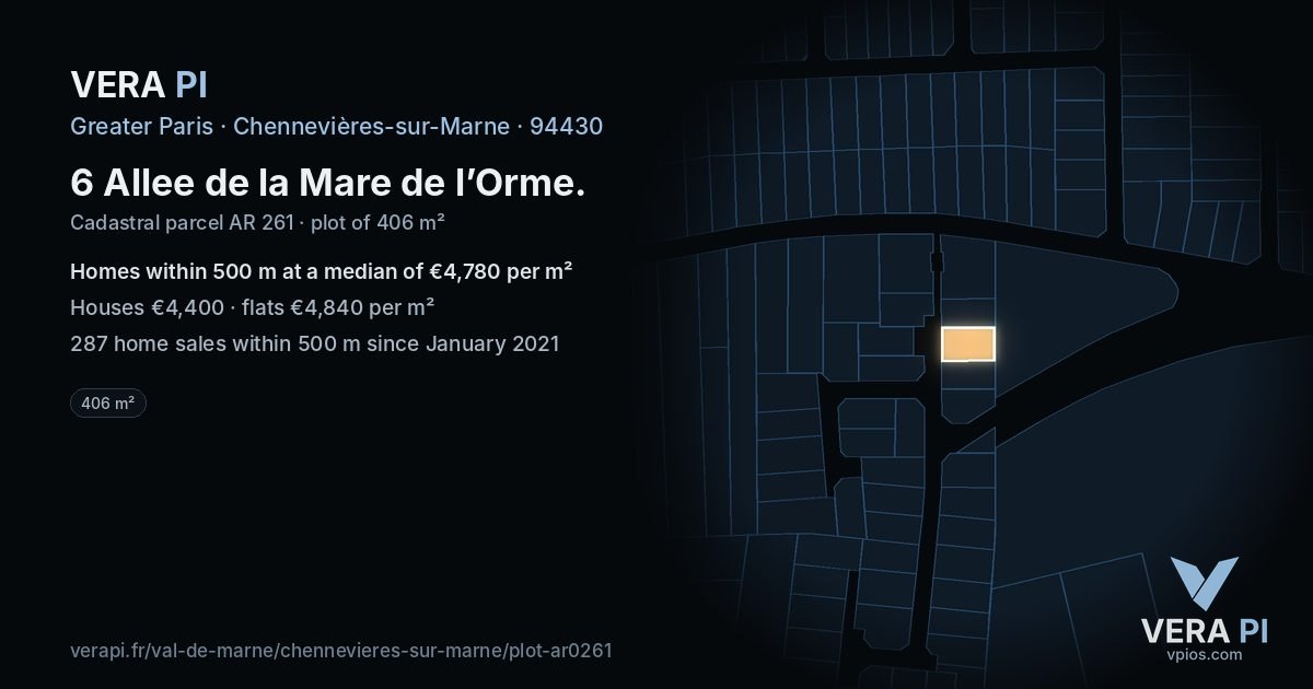 6 Allee de la Mare de l’Orme, Chennevières-sur-Marne at night – the plot lit, the parcels around coloured by the prices near them