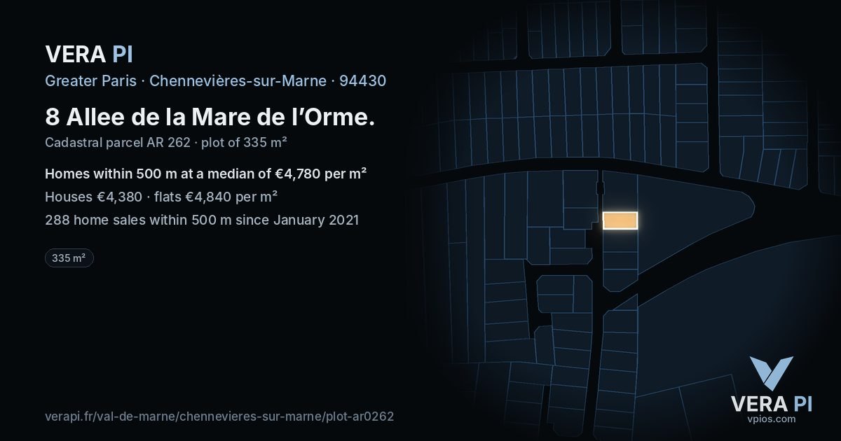 8 Allee de la Mare de l’Orme, Chennevières-sur-Marne at night – the plot lit, the parcels around coloured by the prices near them