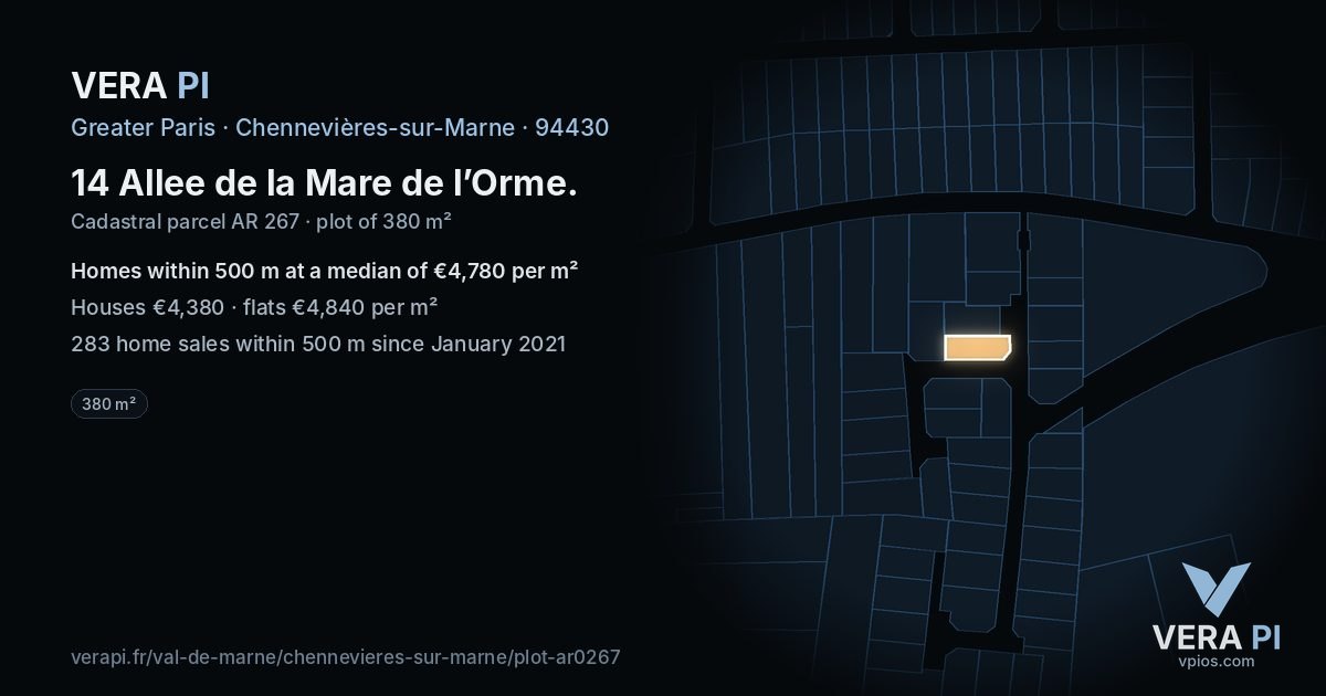 14 Allee de la Mare de l’Orme, Chennevières-sur-Marne at night – the plot lit, the parcels around coloured by the prices near them