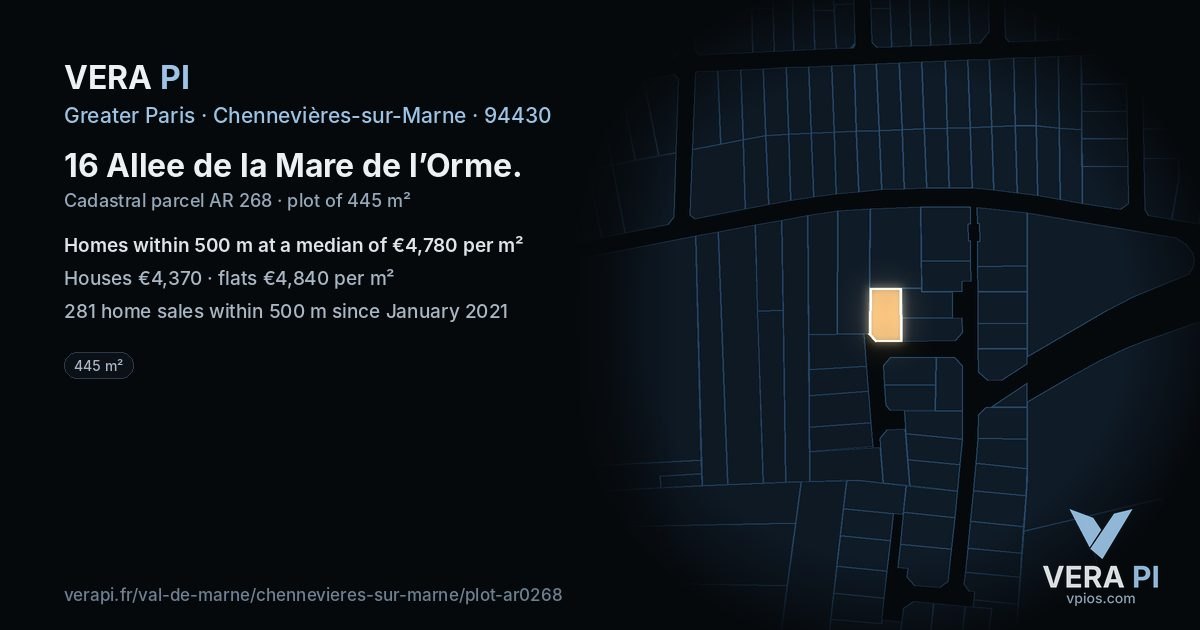 16 Allee de la Mare de l’Orme, Chennevières-sur-Marne at night – the plot lit, the parcels around coloured by the prices near them