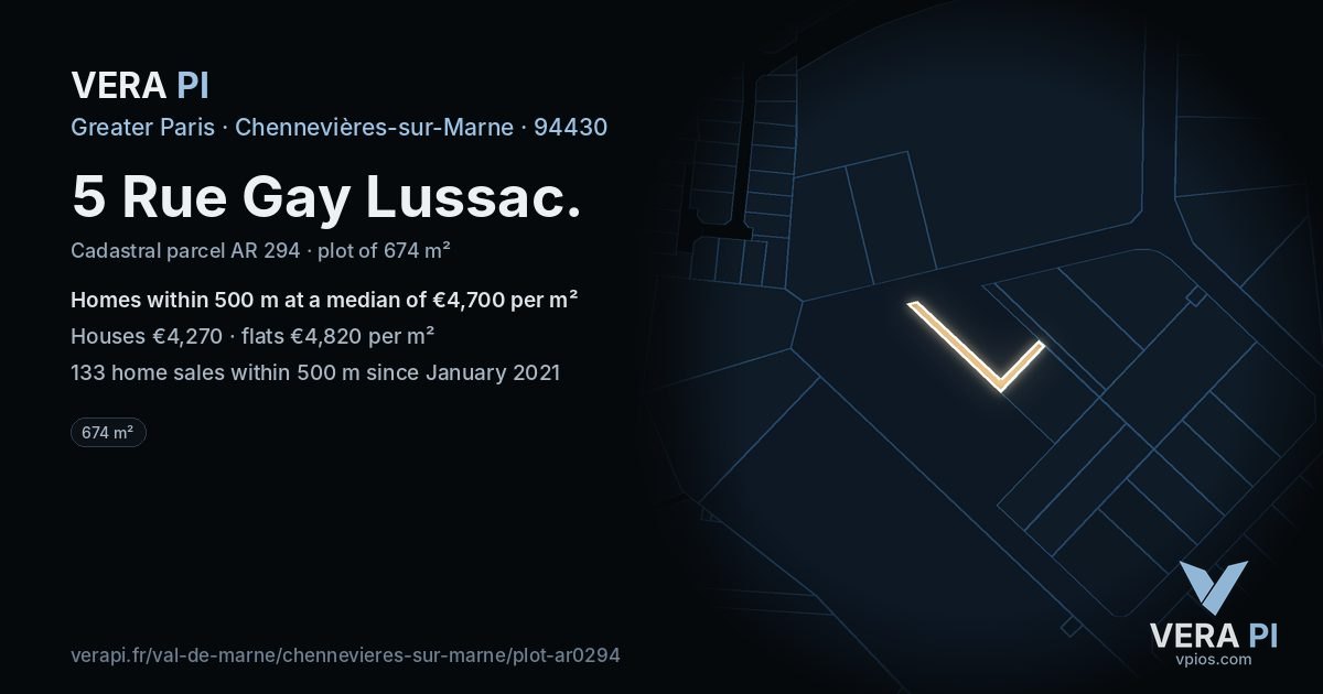 5 Rue Gay Lussac, Chennevières-sur-Marne at night – the plot lit, the parcels around coloured by the prices near them
