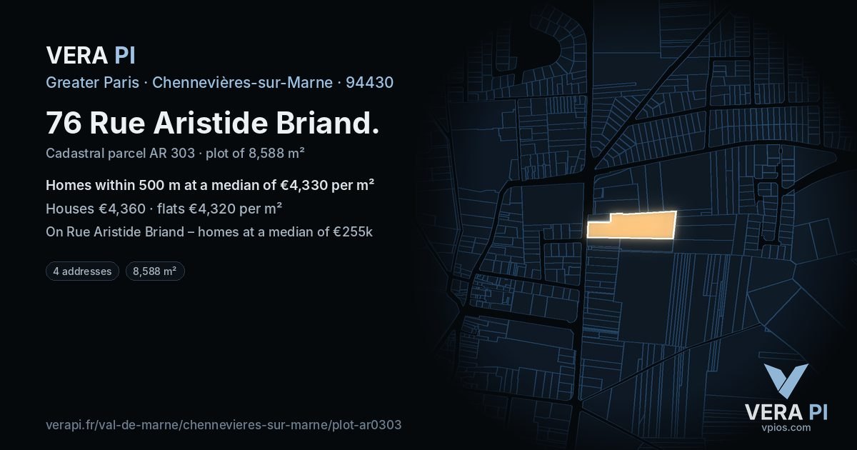 76 Rue Aristide Briand, Chennevières-sur-Marne at night – the plot lit, the parcels around coloured by the prices near them