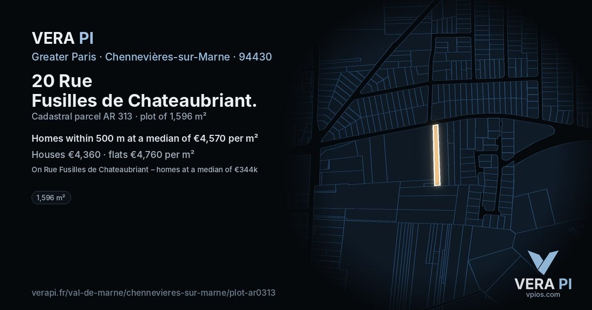 20 Rue Fusilles de Chateaubriant, Chennevières-sur-Marne at night – the plot lit, the parcels around coloured by the prices near them