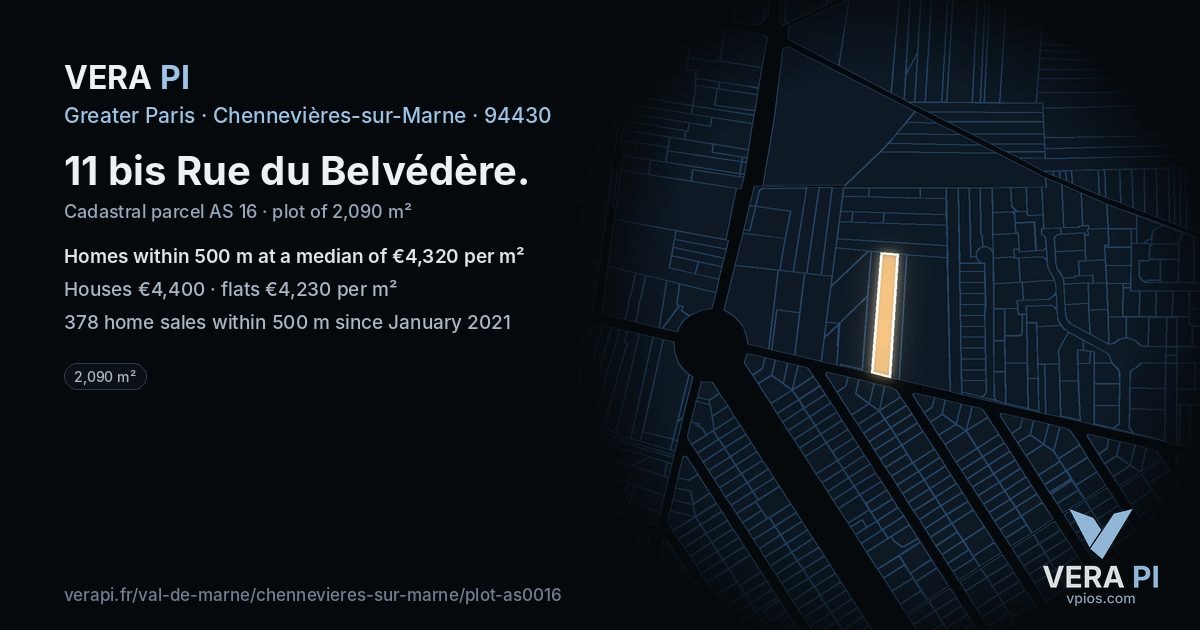11 bis Rue du Belvédère, Chennevières-sur-Marne at night – the plot lit, the parcels around coloured by the prices near them