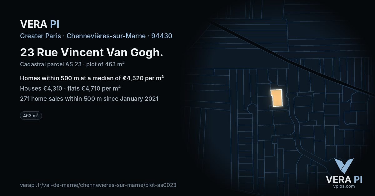 23 Rue Vincent Van Gogh, Chennevières-sur-Marne at night – the plot lit, the parcels around coloured by the prices near them