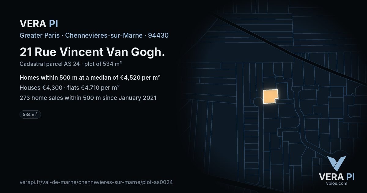 21 Rue Vincent Van Gogh, Chennevières-sur-Marne at night – the plot lit, the parcels around coloured by the prices near them