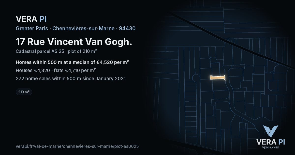 17 Rue Vincent Van Gogh, Chennevières-sur-Marne at night – the plot lit, the parcels around coloured by the prices near them