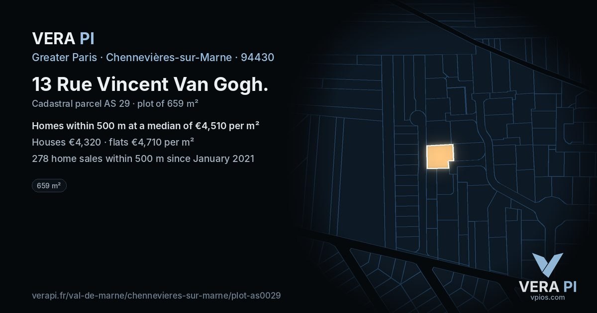 13 Rue Vincent Van Gogh, Chennevières-sur-Marne at night – the plot lit, the parcels around coloured by the prices near them