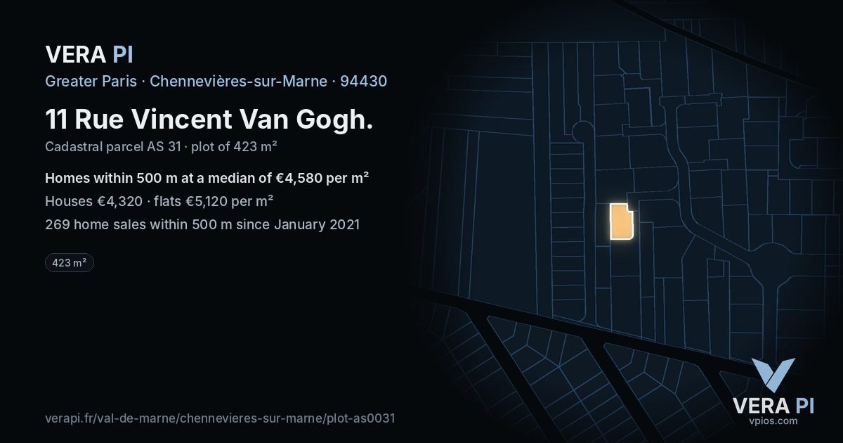 11 Rue Vincent Van Gogh, Chennevières-sur-Marne at night – the plot lit, the parcels around coloured by the prices near them