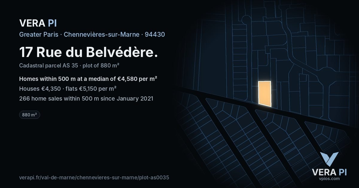 17 Rue du Belvédère, Chennevières-sur-Marne at night – the plot lit, the parcels around coloured by the prices near them