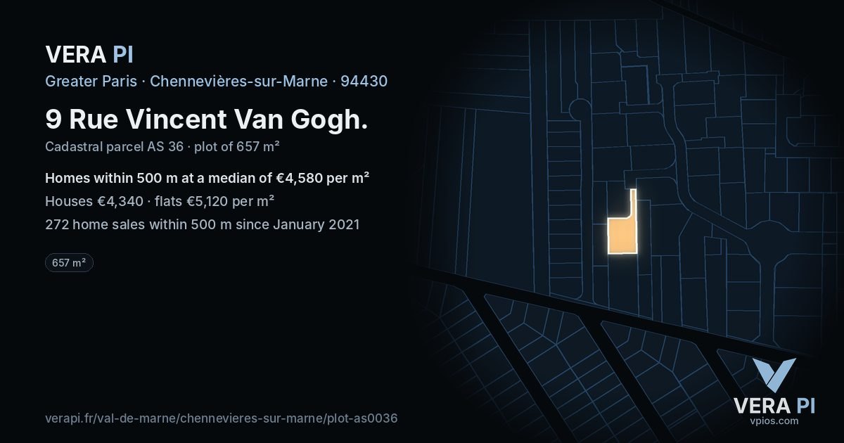 9 Rue Vincent Van Gogh, Chennevières-sur-Marne at night – the plot lit, the parcels around coloured by the prices near them