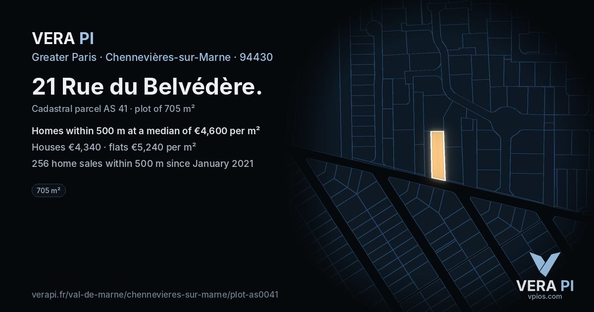 21 Rue du Belvédère, Chennevières-sur-Marne at night – the plot lit, the parcels around coloured by the prices near them