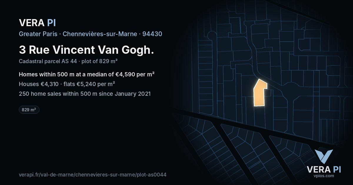 3 Rue Vincent Van Gogh, Chennevières-sur-Marne at night – the plot lit, the parcels around coloured by the prices near them