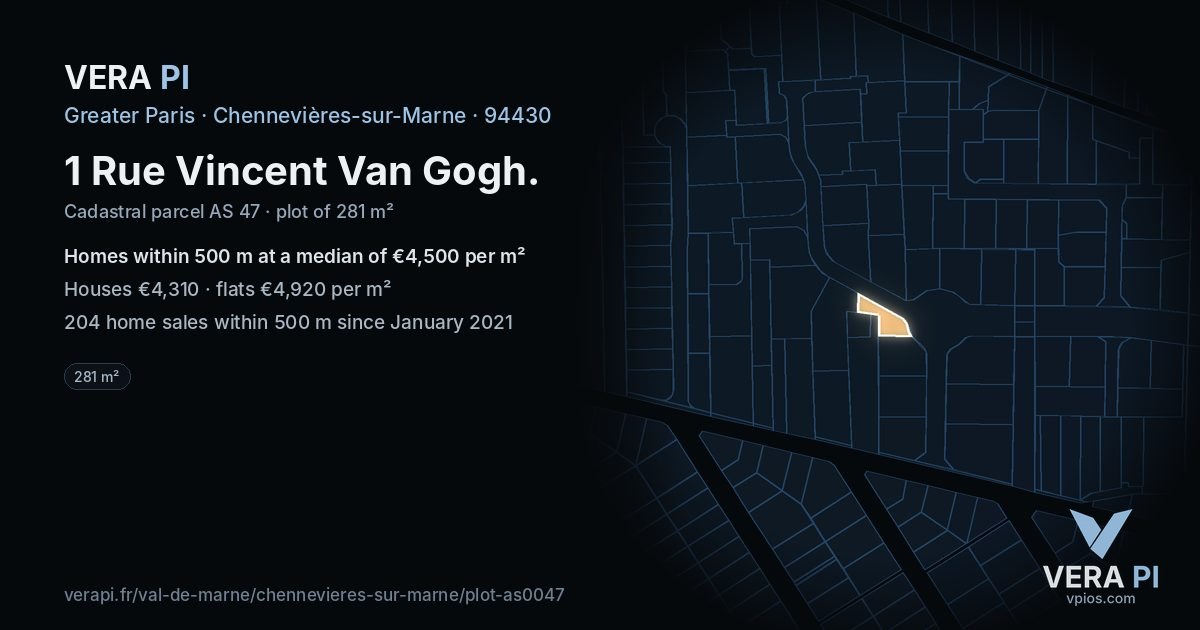 1 Rue Vincent Van Gogh, Chennevières-sur-Marne at night – the plot lit, the parcels around coloured by the prices near them