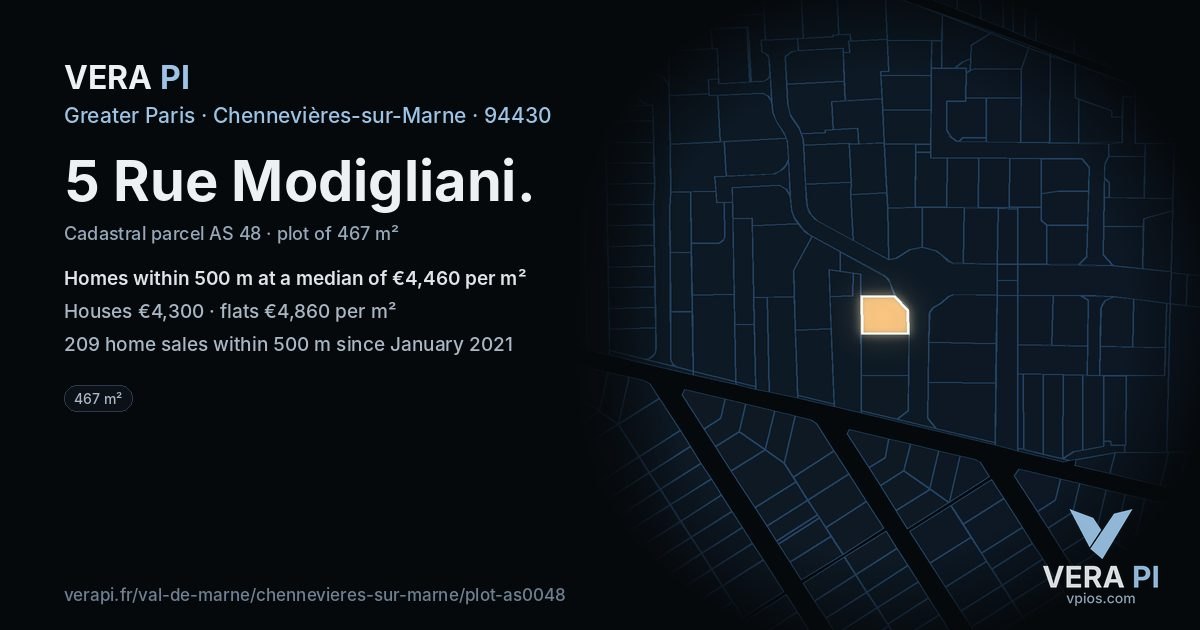 5 Rue Modigliani, Chennevières-sur-Marne at night – the plot lit, the parcels around coloured by the prices near them