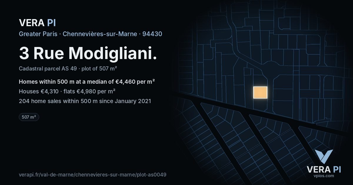 3 Rue Modigliani, Chennevières-sur-Marne at night – the plot lit, the parcels around coloured by the prices near them