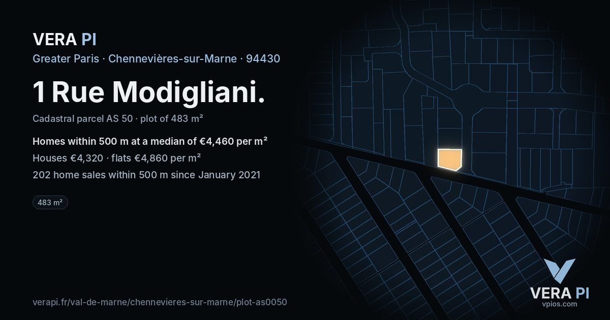 1 Rue Modigliani, Chennevières-sur-Marne at night – the plot lit, the parcels around coloured by the prices near them