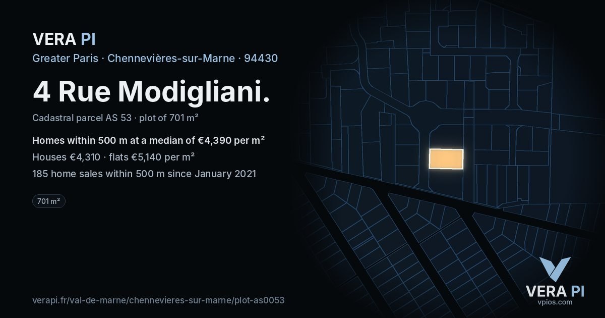 4 Rue Modigliani, Chennevières-sur-Marne at night – the plot lit, the parcels around coloured by the prices near them
