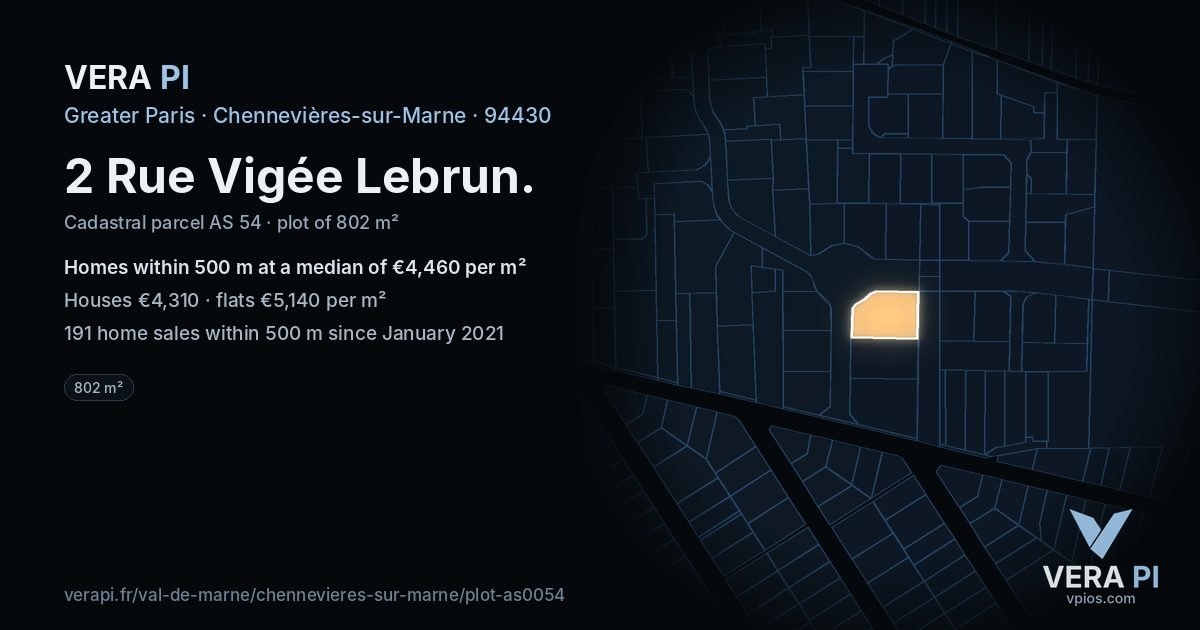 2 Rue Vigée Lebrun, Chennevières-sur-Marne at night – the plot lit, the parcels around coloured by the prices near them