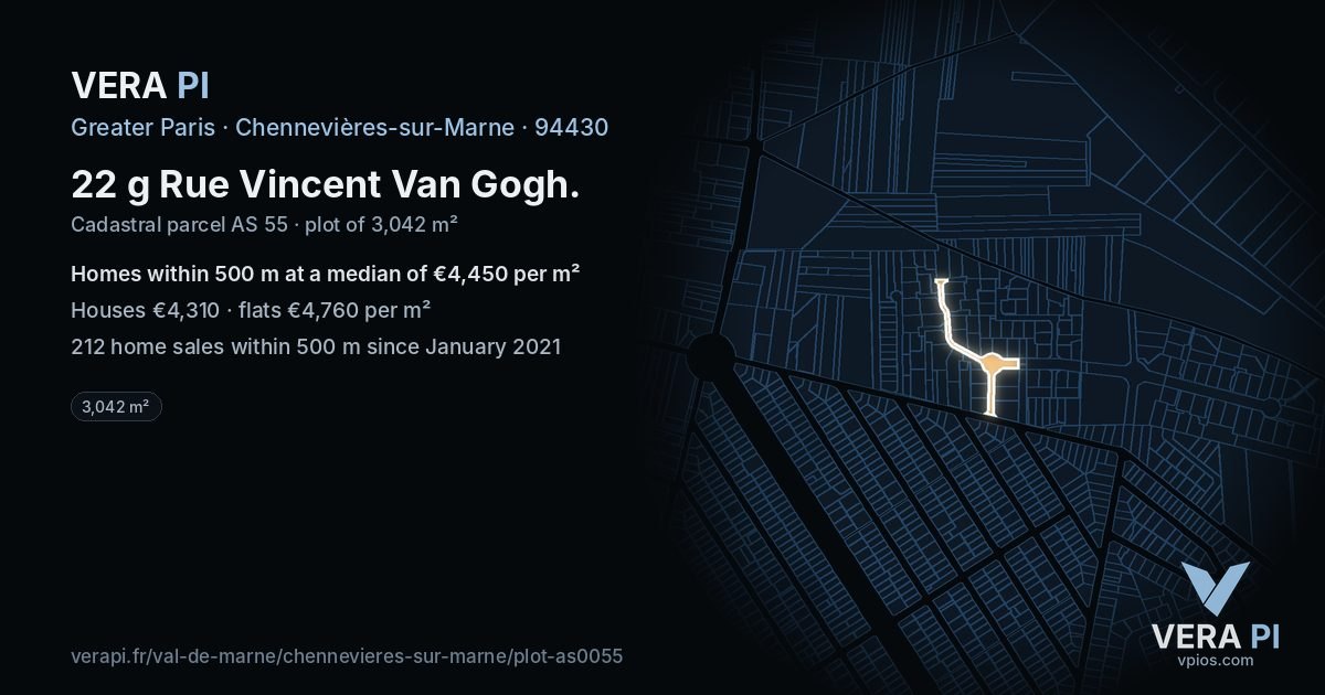 22 g Rue Vincent Van Gogh, Chennevières-sur-Marne at night – the plot lit, the parcels around coloured by the prices near them
