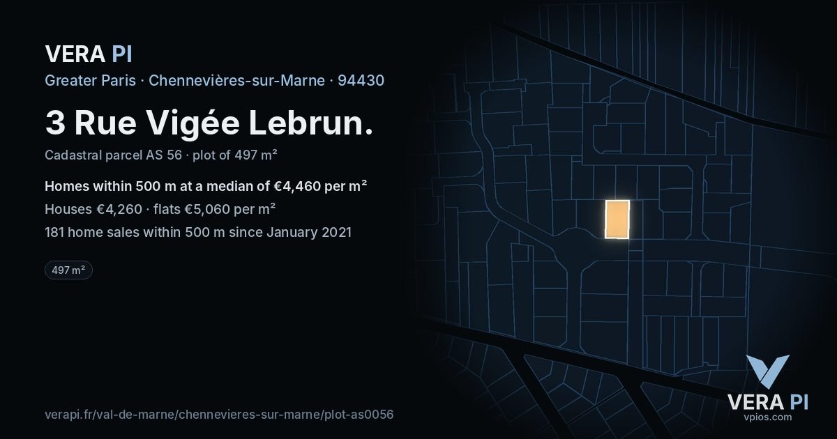 3 Rue Vigée Lebrun, Chennevières-sur-Marne at night – the plot lit, the parcels around coloured by the prices near them