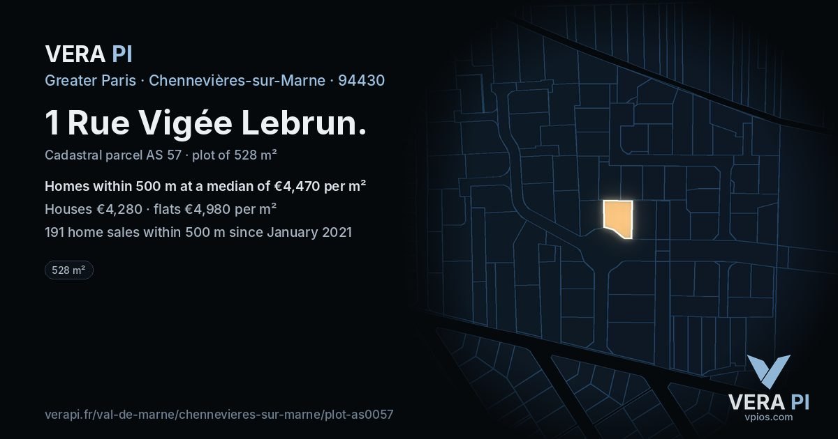 1 Rue Vigée Lebrun, Chennevières-sur-Marne at night – the plot lit, the parcels around coloured by the prices near them