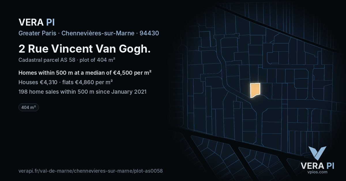 2 Rue Vincent Van Gogh, Chennevières-sur-Marne at night – the plot lit, the parcels around coloured by the prices near them
