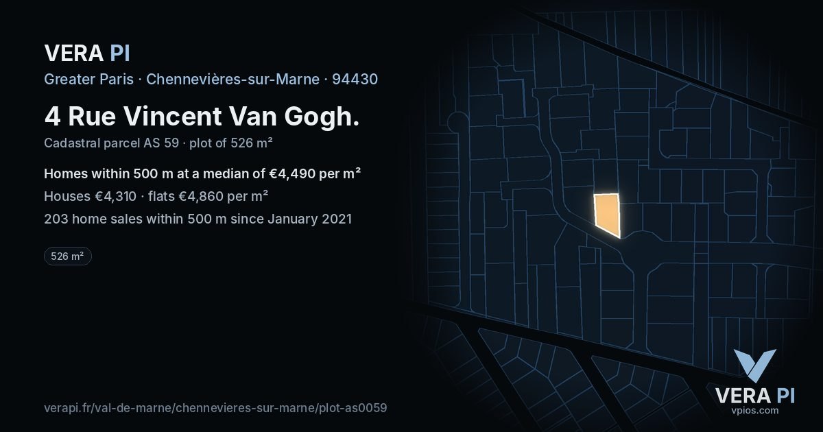 4 Rue Vincent Van Gogh, Chennevières-sur-Marne at night – the plot lit, the parcels around coloured by the prices near them